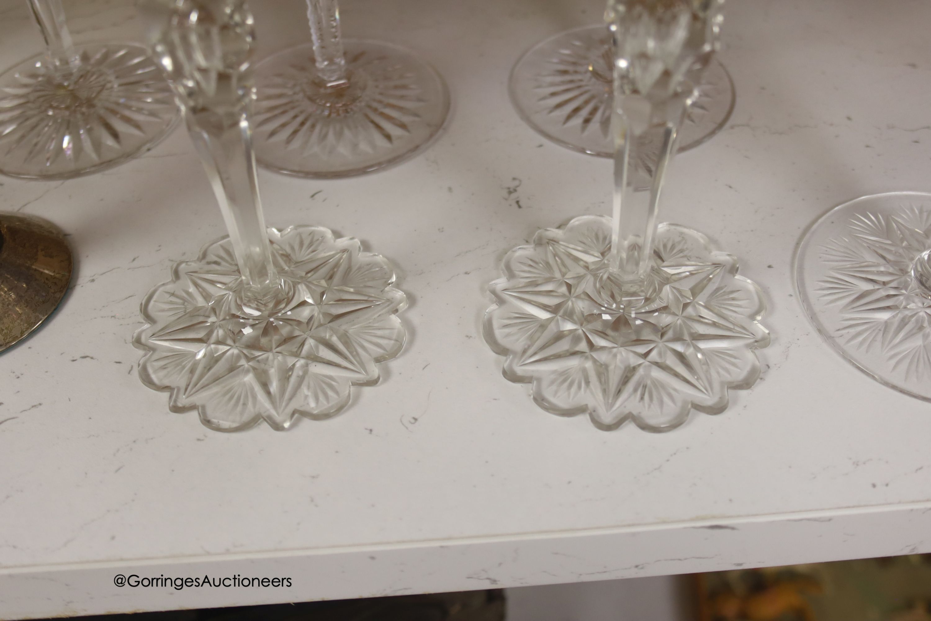A harlequin collection of flash cut hock glasses, 19th century and later, tallest 21cm